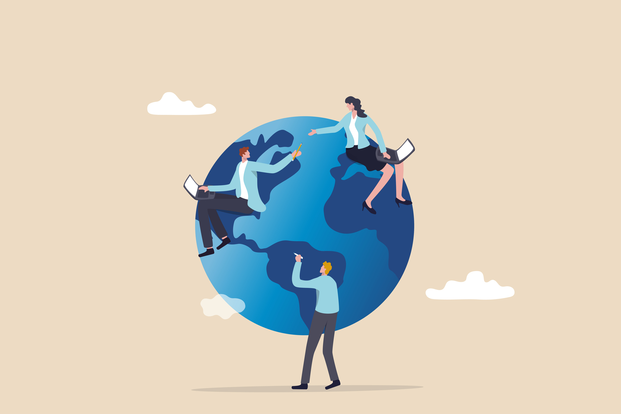 graphic of people with laptops sitting on a globe