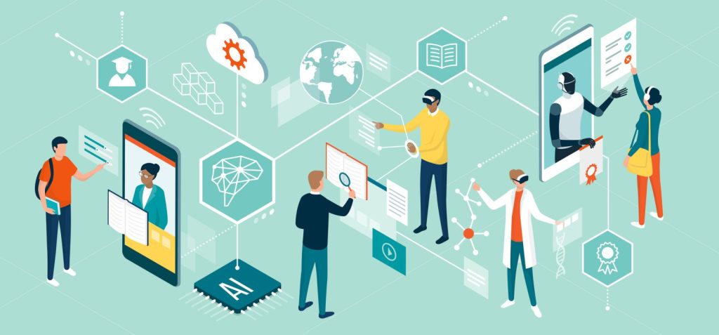 graphic of people working with technology