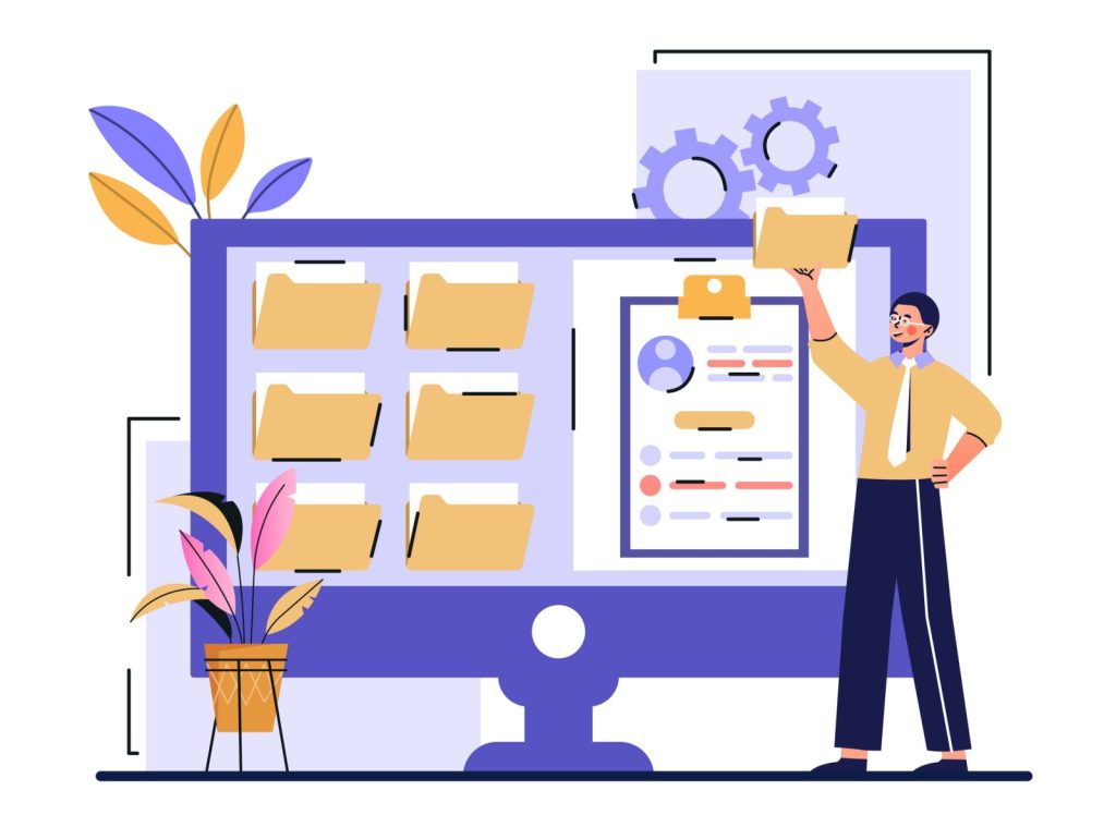graphic depiction of person near a computer monitor with files