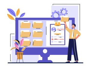 graphic depiction of person near a computer monitor with files