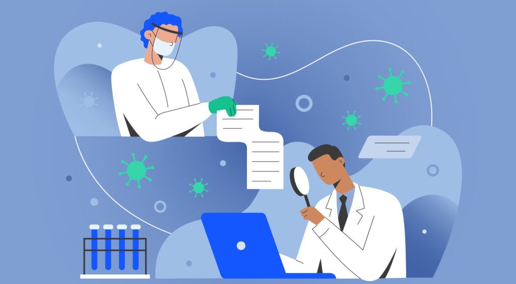 abstract graphic of two scientists researching