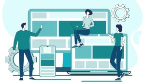 abstract graphic of people and a giant laptop