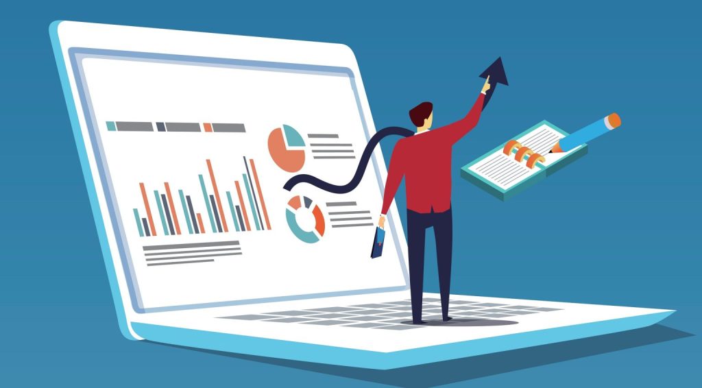 graphic of a man standing on a laptop with a presentation