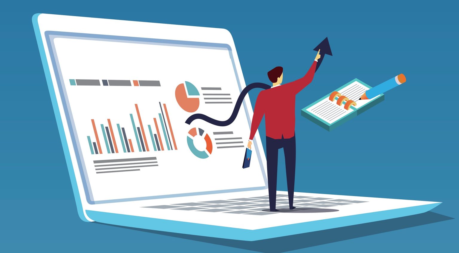 graphic of a man standing on a laptop with a presentation