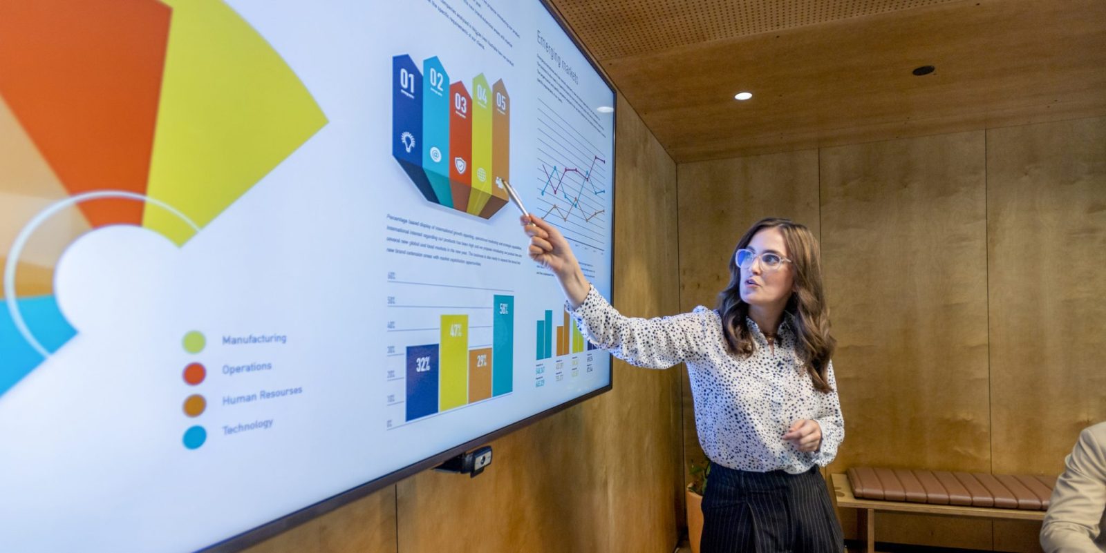 Photograph of a woman at a digital whiteboard