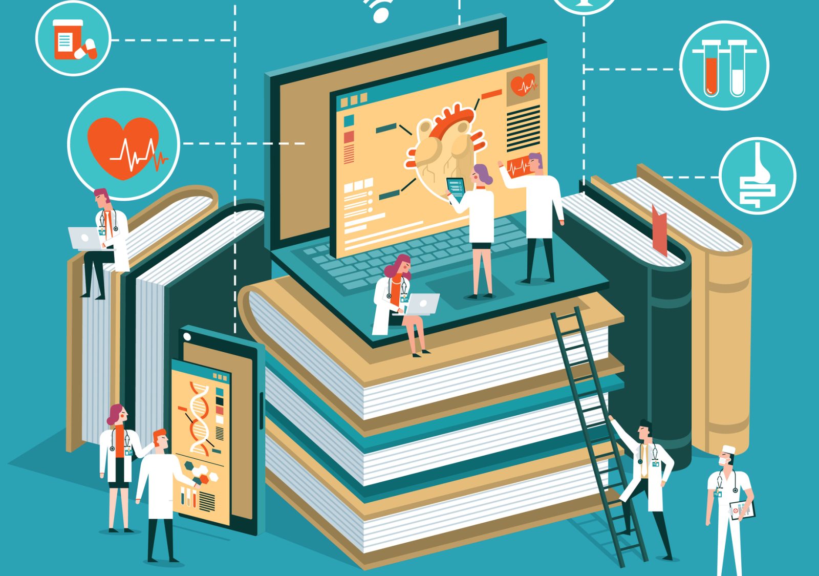 abstract graphic of people on top of giant books