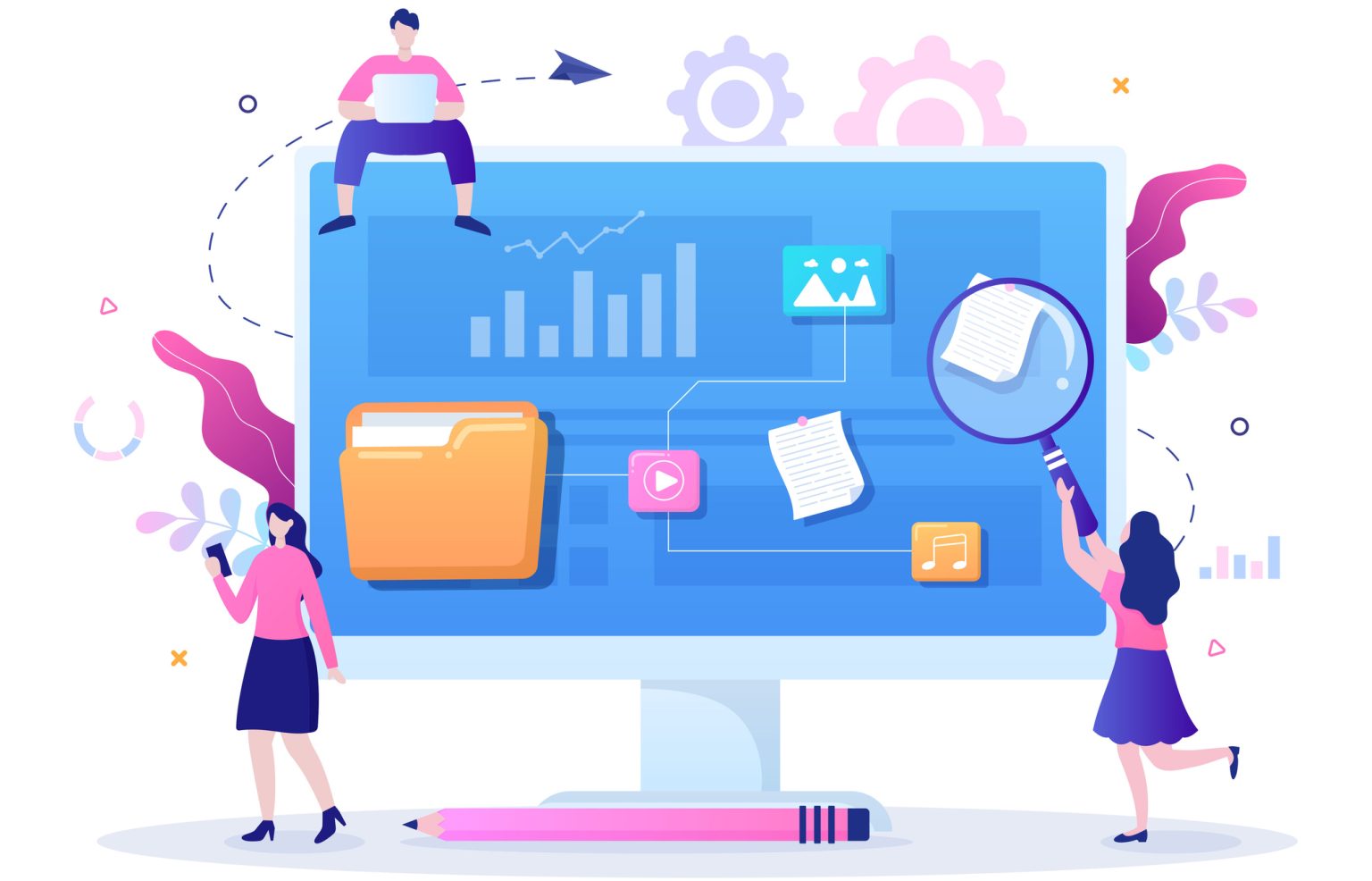 abstract graphic of people working on a giant computer monitor